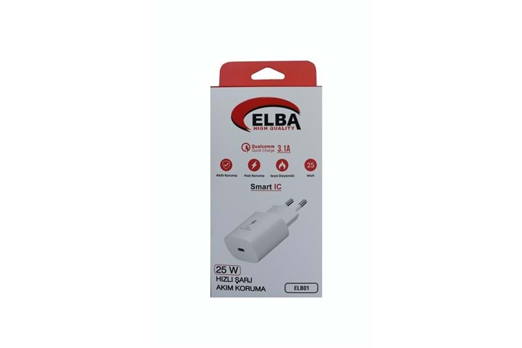 Elba ELB01-25WPD Beyaz 25W Şarj Kafa Type USB-C PD3.0-QC4.0(Akım Koruma-Hızlı Şarj-Isıya Dayanıklı)