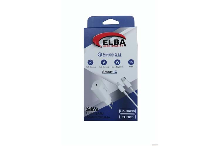 Elba ELB05-PD-25WIOS Beyaz 25W Usb-c Ev Şarj Kafa+1mt Type-c To Lightnıng Kablo PD3.0-QC4.0 Hızlı Ş