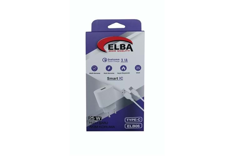 Elba ELB06-USB-25WTypc Beyaz Usb 25W Şarj Kafa+1Mt Usb Type-c Kablo QC4.0 (Akım Koruma-Hızlı Şarj)