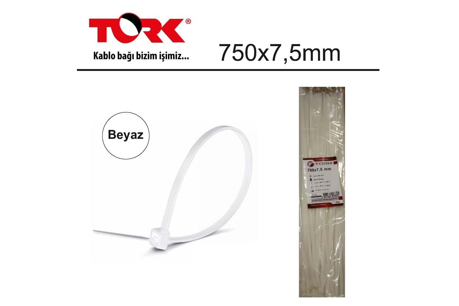Tork TRK-750-7,5mm Beyaz 100lü Kablo Bağı