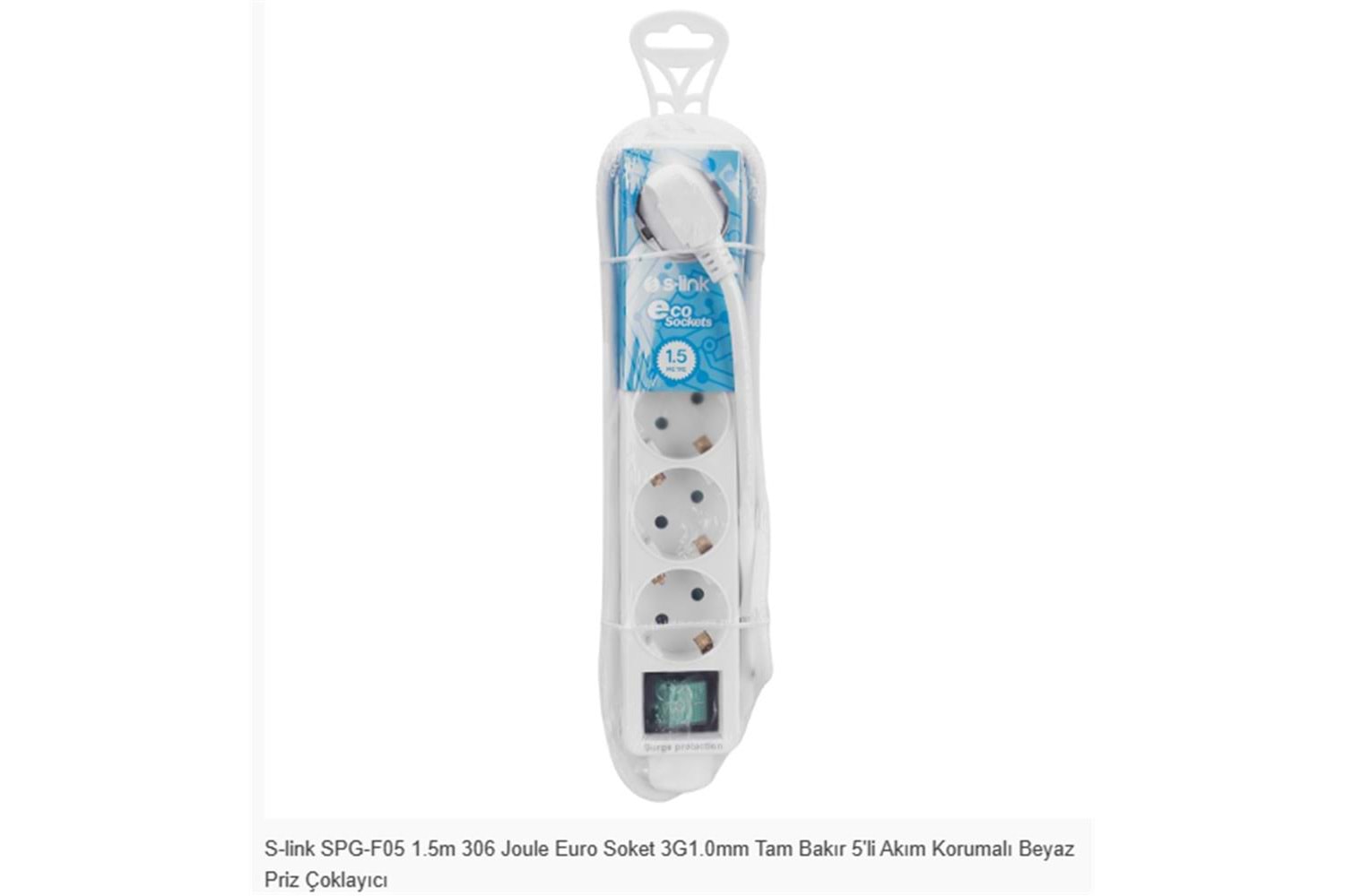 S-link SPG-F05 1.5m 306 Joule Euro Soket 3G1.0mm Tam Bakır 5li Akım Korumalı Beyaz Priz Çoklayıcı