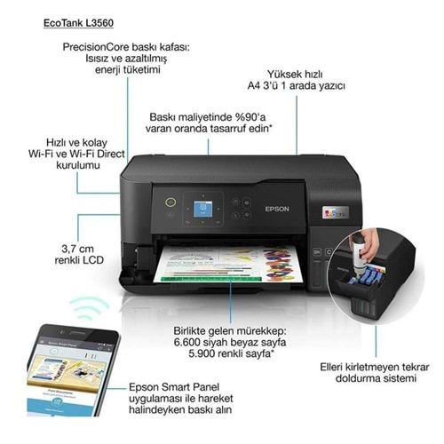 Epson L3560 MEAF Yazıcı-Tarayıcı-Fotokopi Renkli Mürekkep Tanklı Yazıcı WI-FI Ekranlı
