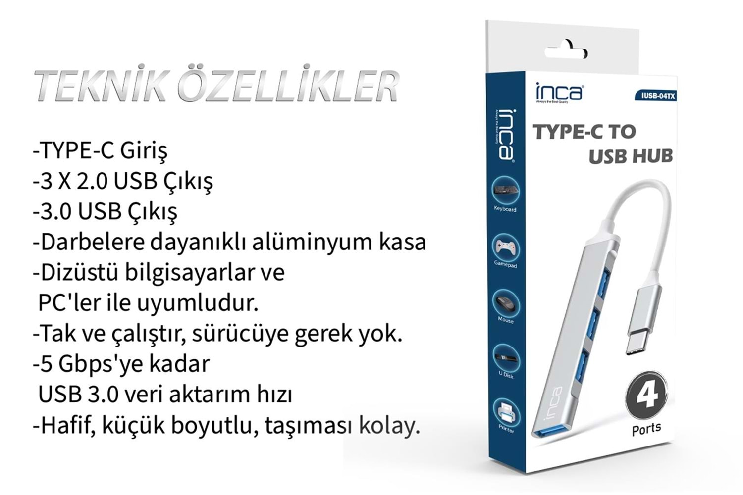 Inca IUSB-04T Type-C Grişli 4Port Usb Hub