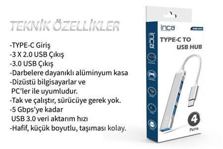 Inca IUSB-04T Type-C Grişli 4Port Usb Hub
