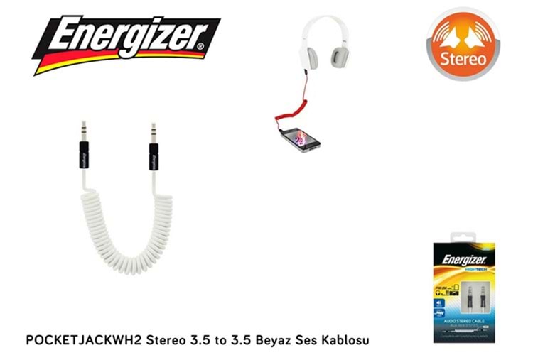 Energizer POCKETJACWH2 Stereo 3.5 to 3.5 Beyaz Ses Kablosu