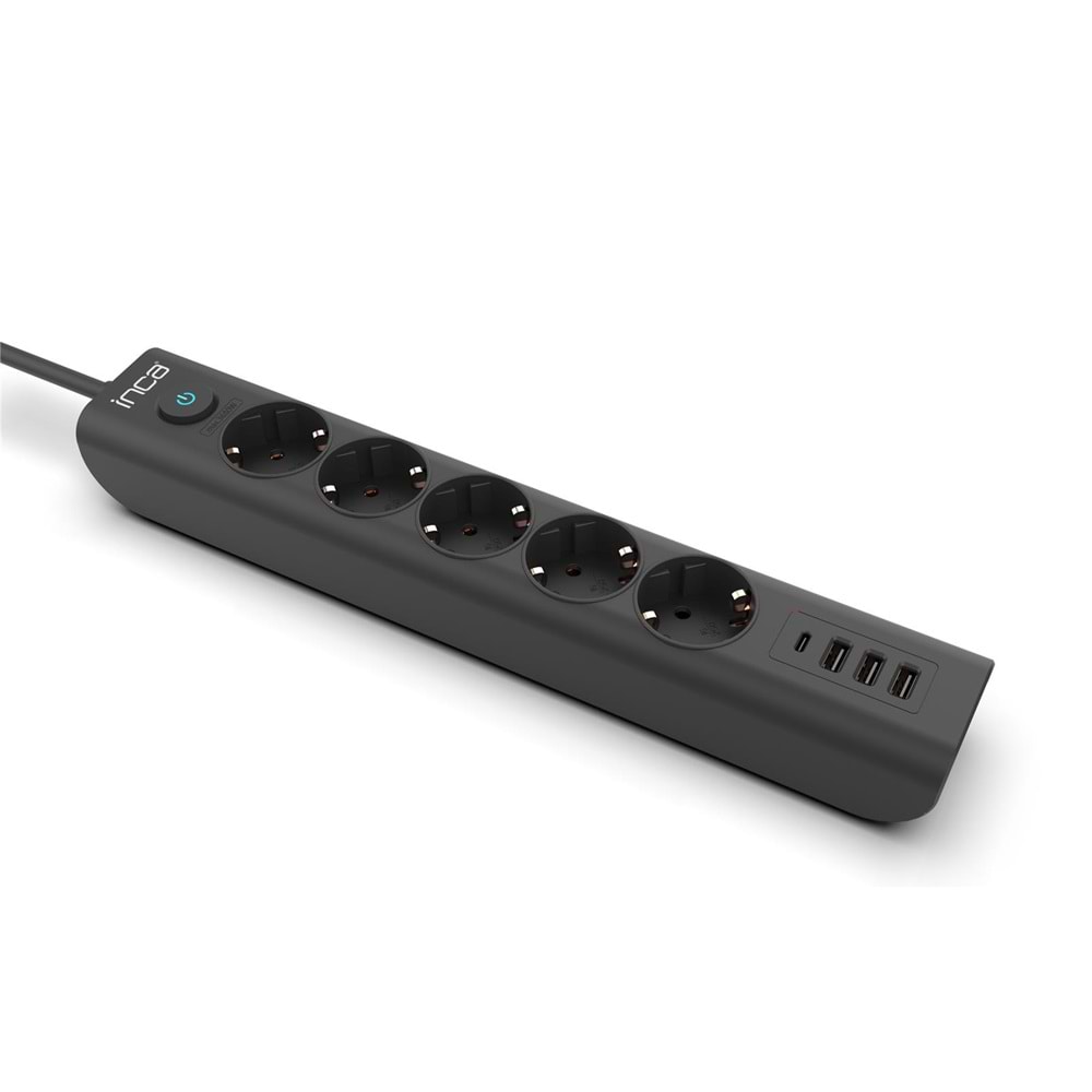 INCA IPW-44TU 5li 1,5mt Siyah 3Usb+Typ-C Akım Korumalı Led Tuşlu Priz 