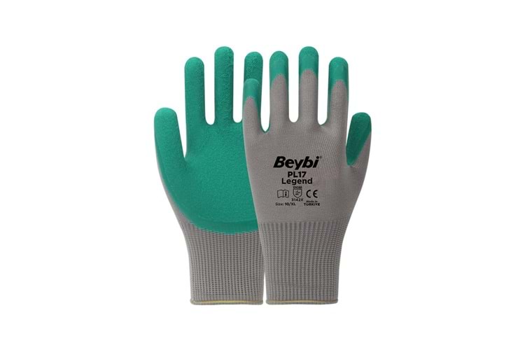 BEYBİ PL17 9 Beden Gri-Yeşil 12li Paket Legend Polyester Örme Lateks Eldiven