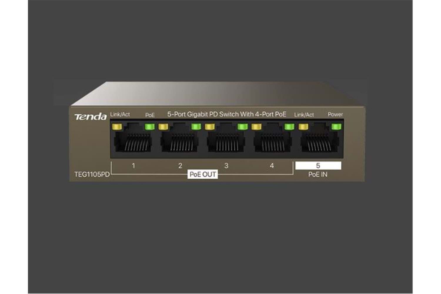 Tenda TEG1105PD 5 Port 4 Port Poe+ 1 Port Poe+ İN 10-100-1000 Switch Çelik Kasa Rack Mount