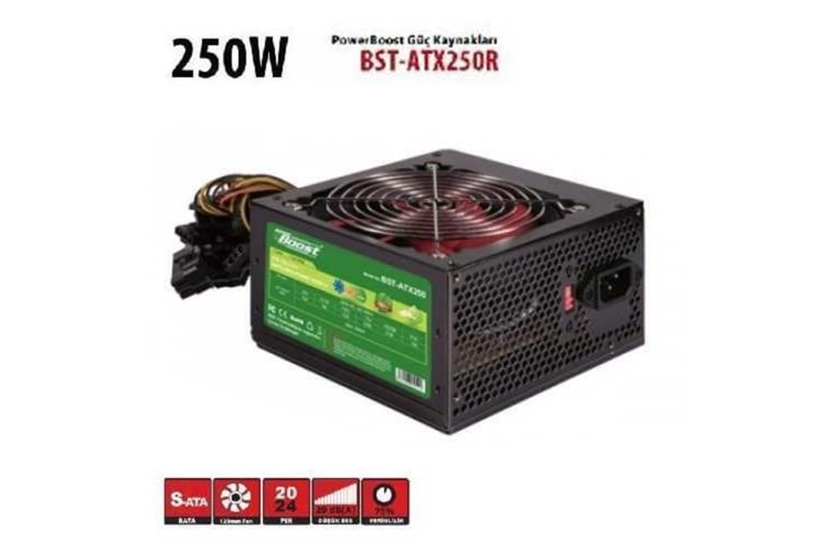 PowerBoost BST-ATX250R 250w, PPFC 12cm Kırmızı Fanlı ATX PSU (Retail Box)