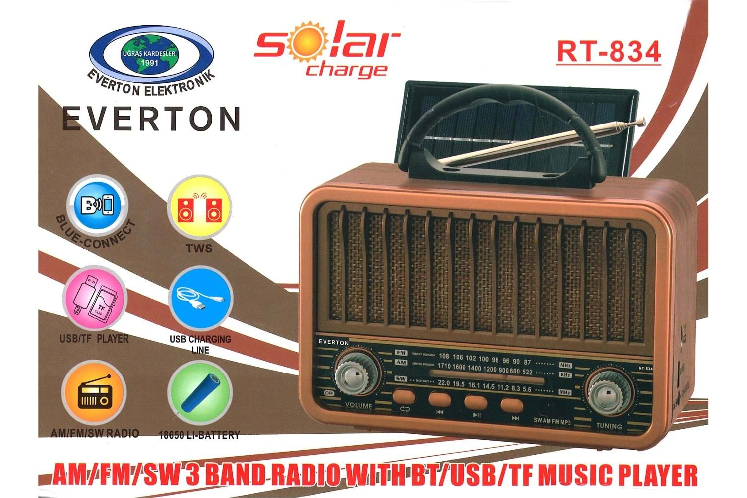 Everton Rt-834 radyo-TF card-usb-Kumandalı Nostaljik Radyo Solar Güneş Panelli