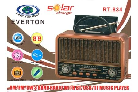 Everton Rt-834 radyo-TF card-usb-Kumandalı Nostaljik Radyo Solar Güneş Panelli