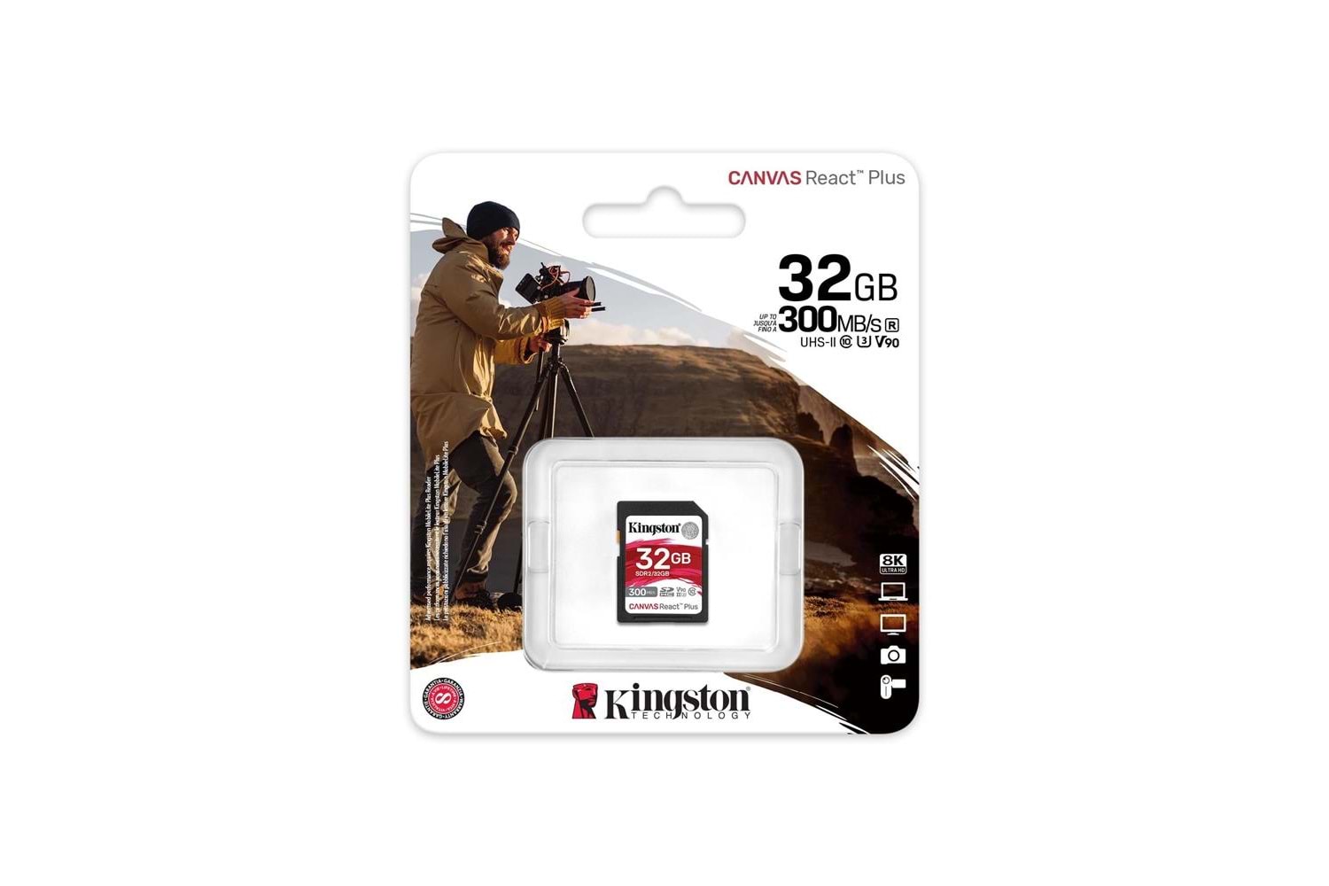 Kingston SDR2-32GB Canvas React Plus SDHC UHS-II 300R-260W U3 V90 for Full HD-4K-8K Hafıza Kartı