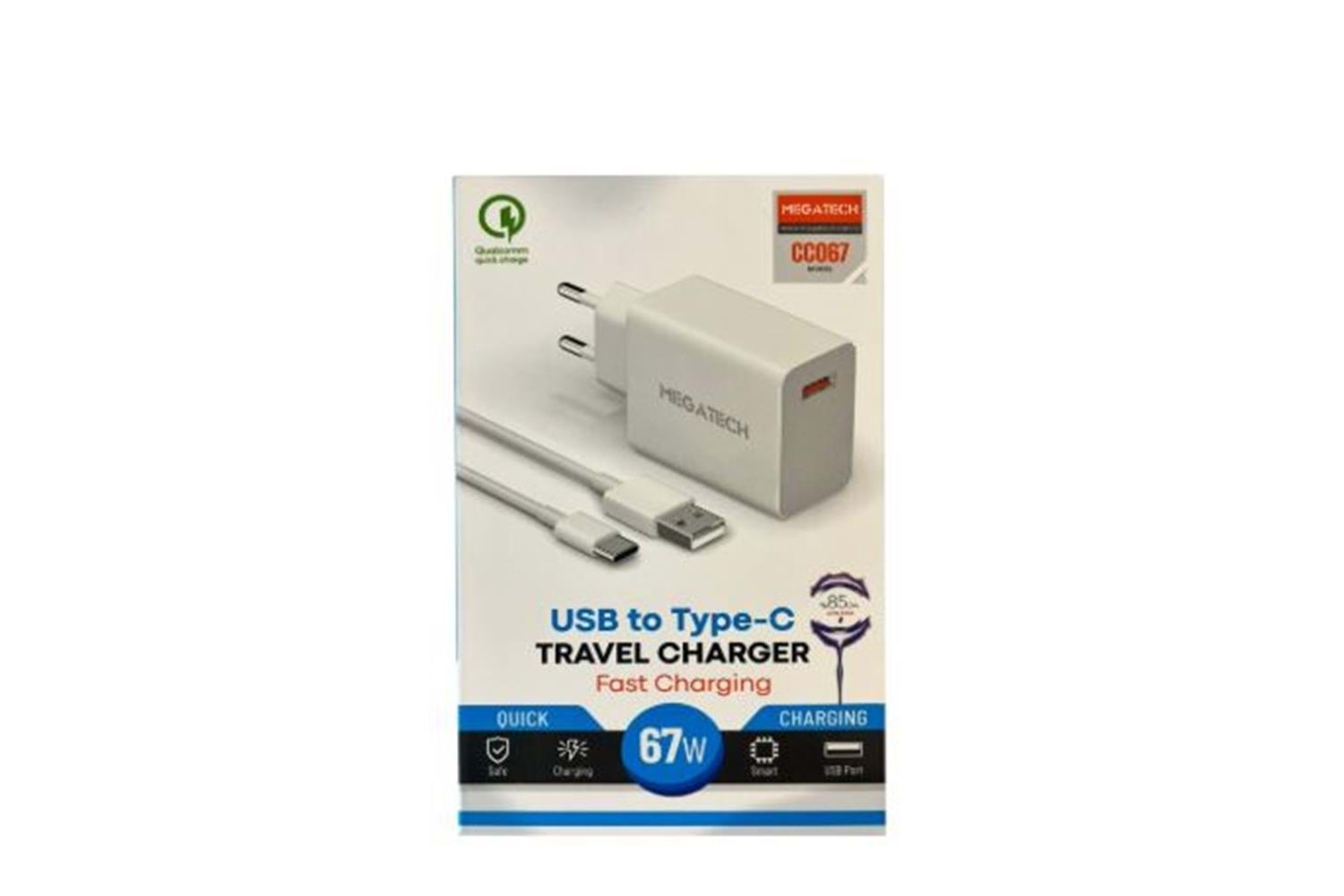Megatech 67w Turbo Şarj Gösterme EvŞarj Kafa + Type-C Şarj Kablosu