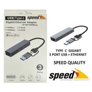 Speed UET01 10-100-1000 USB - Type c 3 Port USB 3.0 Çoklayıcı Gigabit Ethernet Çevirici