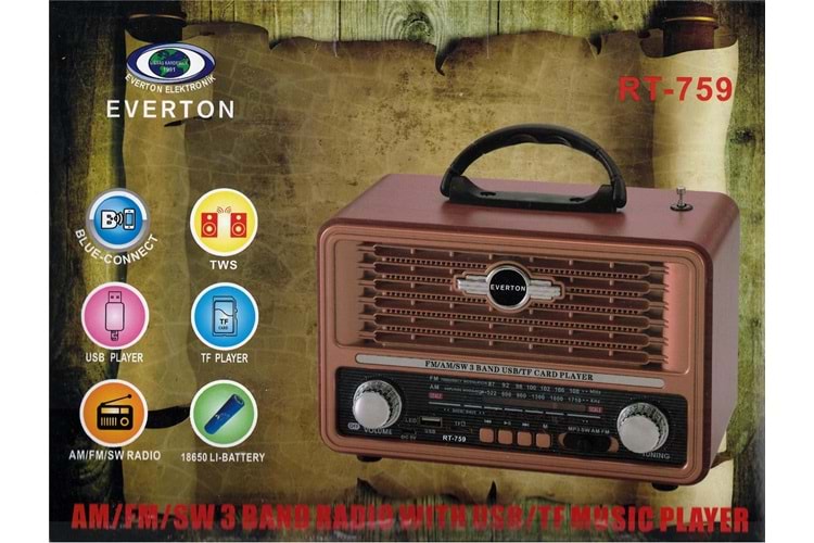 Everton Rt-759 Bluetooth Fm-Usb-Tf-Aux Solarlı Şarjlı Nostaljik Radyo