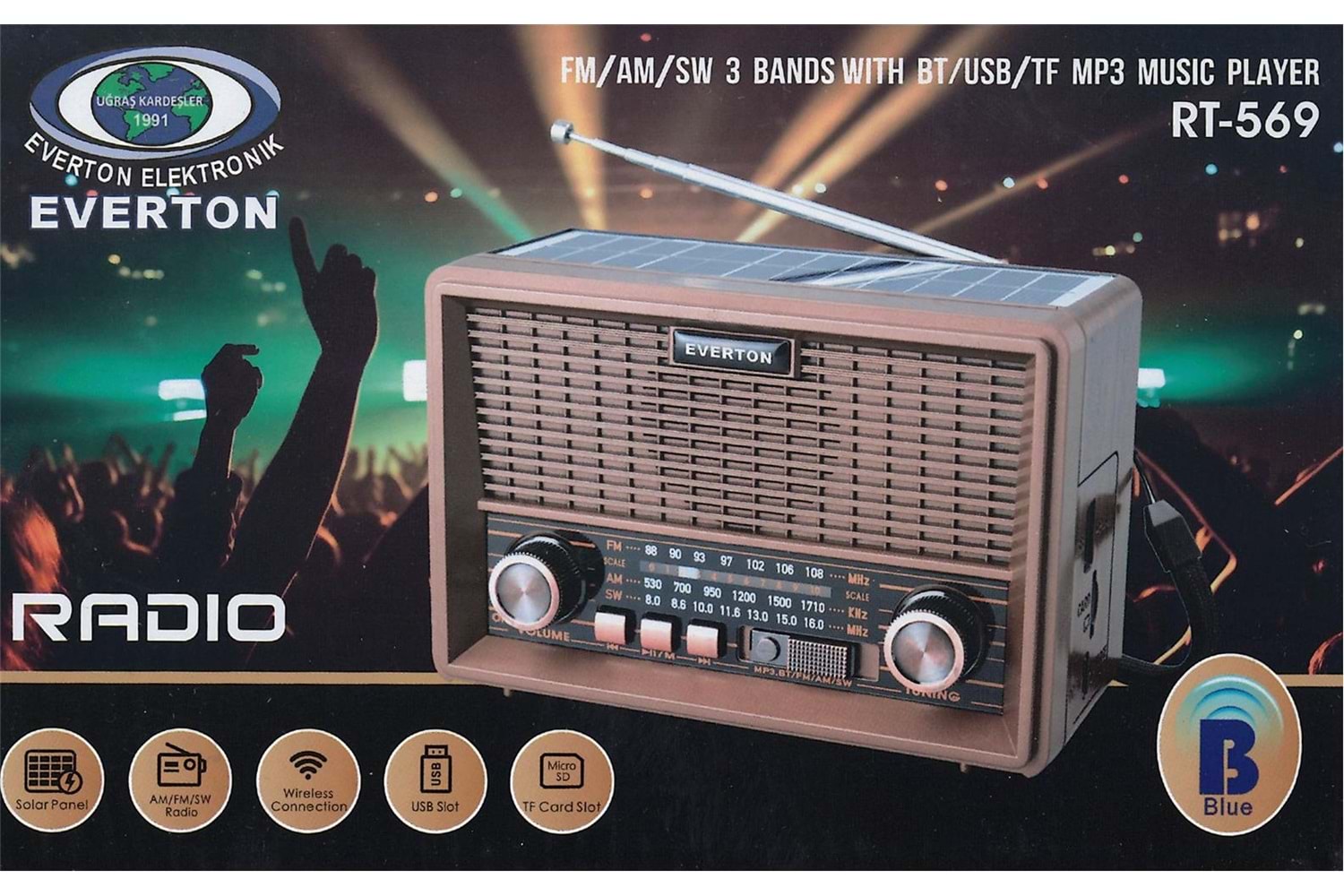 Everton Rt-569 Bluetooth Fm-Usb-Tf-Aux Güneş Enerjili Şarjlı Nostaljik Radyo