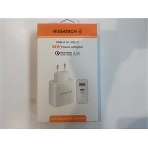 Megatech 25W2 Usb-A To Usb-C 3.0A 25W Ev Şarj Kafa Hızlı Şarj Akım Koruma 