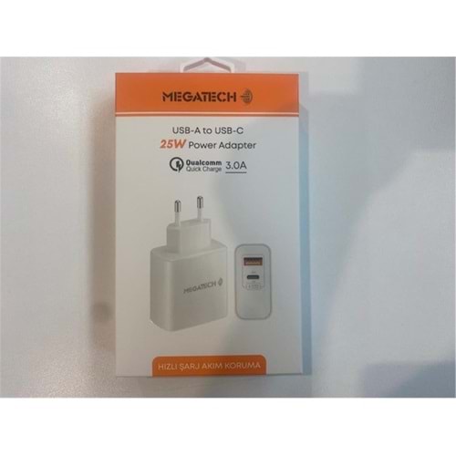 Megatech 25W2 Usb-A To Usb-C 3.0A 25W Ev Şarj Kafa Hızlı Şarj Akım Koruma 