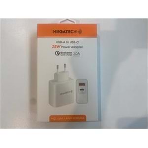 Megatech 25W2 Usb-A To Usb-C 3.0A 25W Ev Şarj Kafa Hızlı Şarj Akım Koruma 