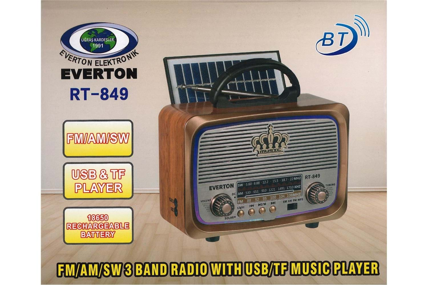 Everton Rt-849 Bluetooth Fm-Usb-Tf-Aux Şarjlı Nostaljik Radyo Güneş Panelli