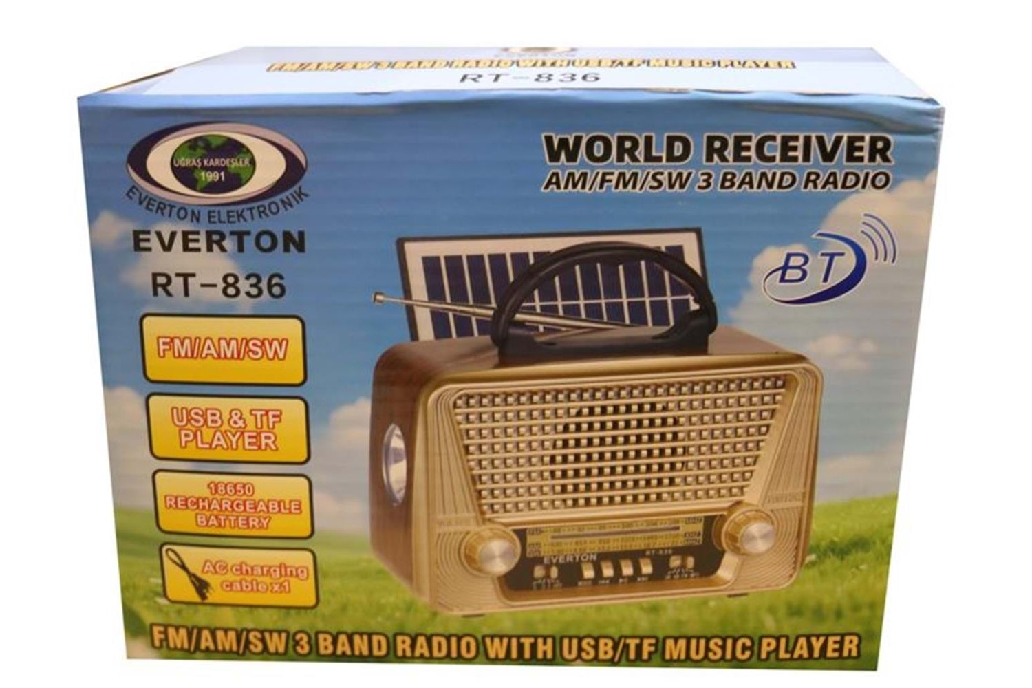 Everton Rt-836 Bluetooth Fm-Usb-Tf-Aux Solarlı Şarjlı Nostaljik Radyo