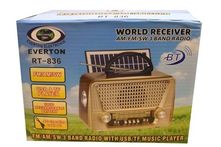 Everton Rt-836 Bluetooth Fm-Usb-Tf-Aux Solarlı Şarjlı Nostaljik Radyo