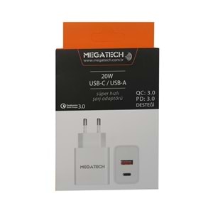 Megatech 20w Beyaz USB-C USB-A Şarj Kafa QC:3.0-PD:3.0 