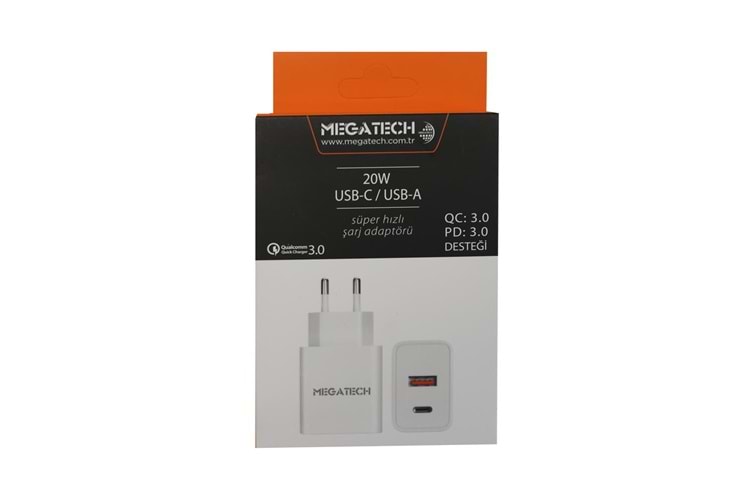 Megatech 20w Beyaz USB-C USB-A Şarj Kafa QC:3.0-PD:3.0