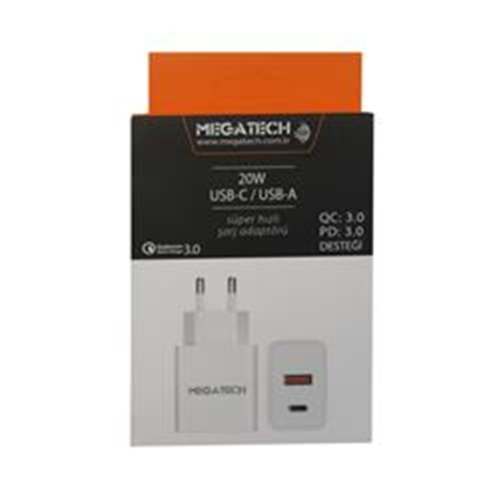 Megatech 20w Beyaz USB-C USB-A Şarj Kafa QC:3.0-PD:3.0 