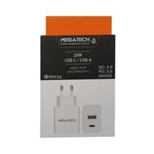 Megatech 20w Beyaz USB-C USB-A Şarj Kafa QC:3.0-PD:3.0 