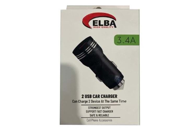 Elba ELB29 3.4 Siyah 2usb Metal Araç Çakmaklık Şarj Aleti Hızlı Şarj