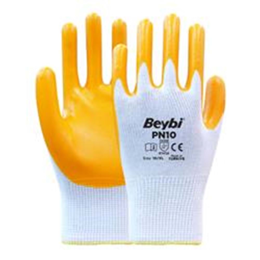 Beybi Nitril PMK PN10 10 Beden 12li Paket Polyester Örme Nitril Eldiven (4141A) Nitril 1-2 Kaplama