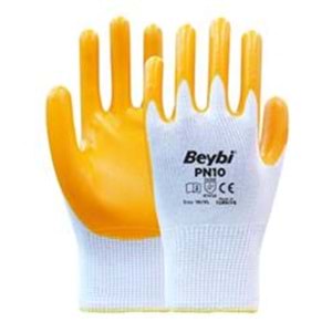 Beybi Nitril PMK PN10 10 Beden 12li Paket Polyester Örme Nitril Eldiven (4141A) Nitril 1-2 Kaplama