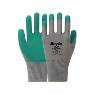 BEYBİ PL-17 10 Beden Gri-Yeşil 12li Paket Legend Polyester Örme Lateks Eldiven