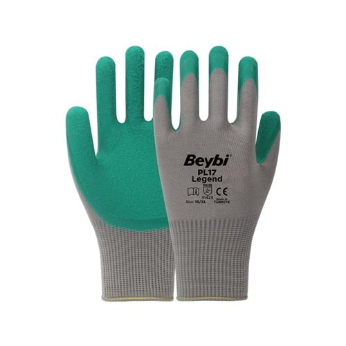 BEYBİ PL-17 10 Beden Gri-Yeşil 12li Paket Legend Polyester Örme Lateks Eldiven
