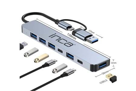 Inca IUTP-7T Usb+Type-c Girişli USB 3.0+4X USB 2.0 Type-C 5V 2X Type-C 100W Çoklayıcı