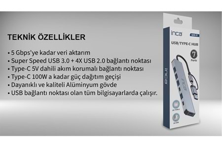 Inca IUTP-7T Usb+Type-c Girişli USB 3.0+4X USB 2.0 Type-C 5V 2X Type-C 100W Çoklayıcı