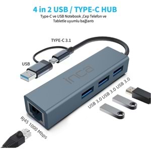 Inca IUTP-03TX Ethernet Usb 3.0+Type-C 3.1 Grişli 000 Mbps 3X3.1Usb Eternet-Çoklayıcı