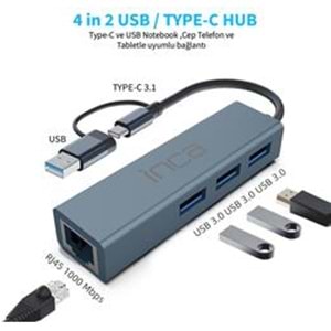 Inca IUTP-03TX Ethernet Usb 3.0+Type-C 3.1 Grişli 000 Mbps 3X3.1Usb Eternet-Çoklayıcı