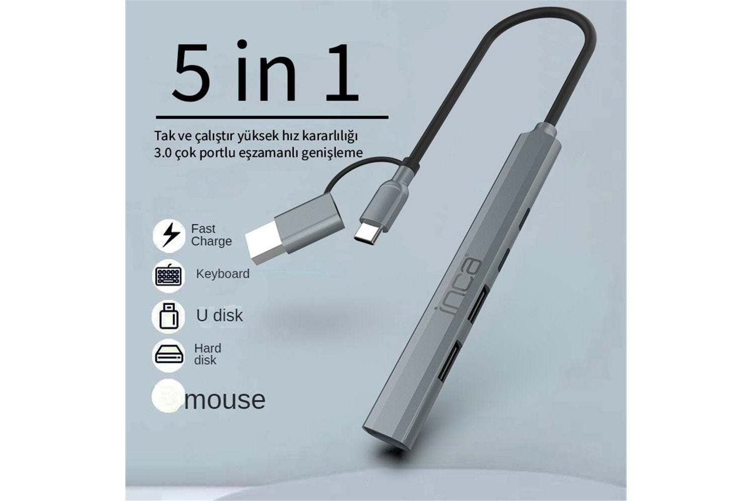 Inca IUTP-06TX 5in1 USB 3.0 + 2xUSB 2.0+Type-C+PD 100W USB+Type-C Çoklayıcı 3.0 ile 5 Gbps