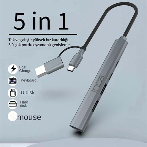 Inca IUTP-06TX 5in1 USB 3.0 + 2xUSB 2.0+Type-C+PD 100W USB+Type-C Çoklayıcı 3.0 ile 5 Gbps