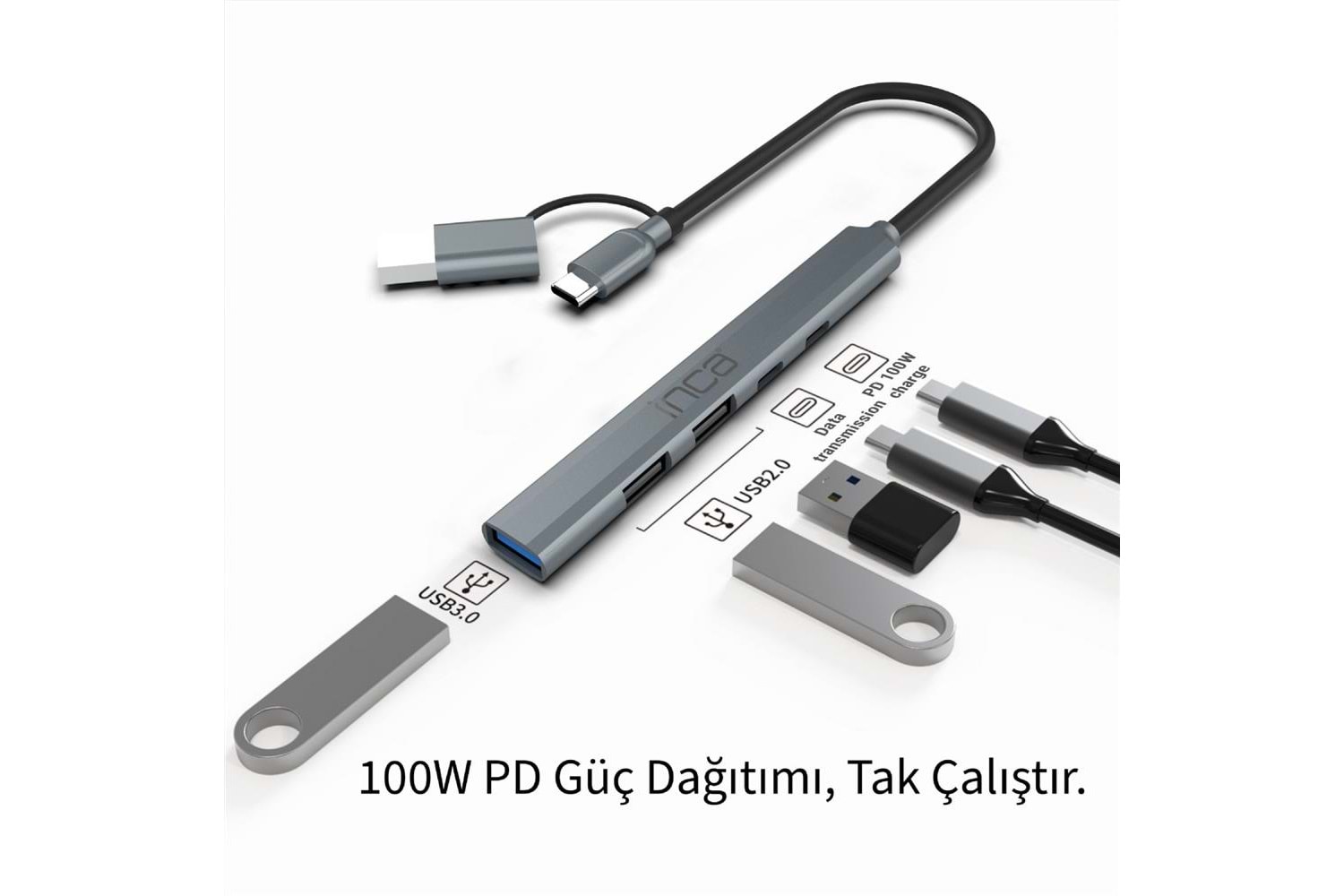 Inca IUTP-06TX 5in1 USB 3.0 + 2xUSB 2.0+Type-C+PD 100W USB+Type-C Çoklayıcı 3.0 ile 5 Gbps