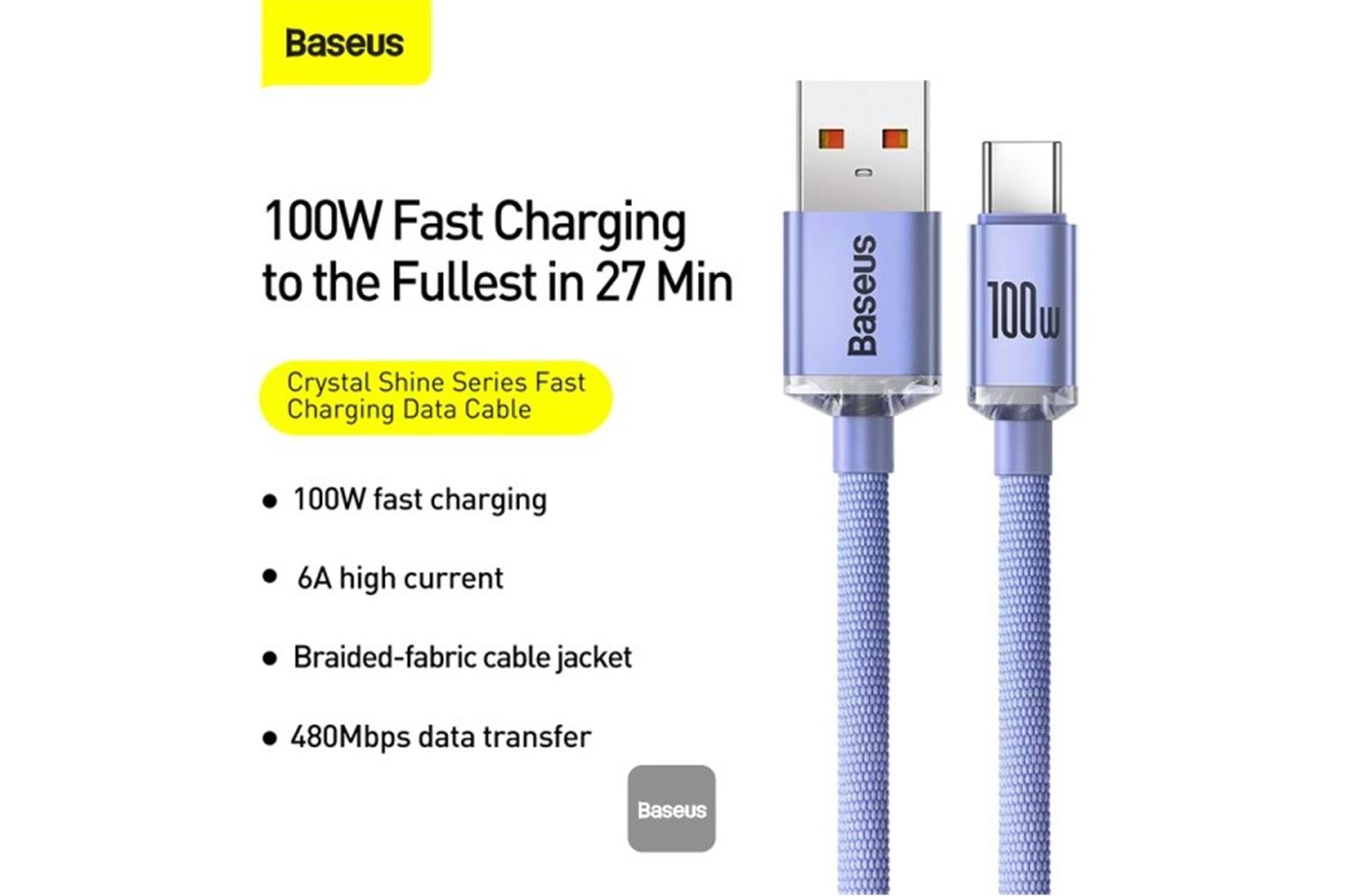 Baseus CAJY000405 1.2mt Crystal Cable USB-A to Type-C Fast Charge Data Cable 100W 5A1.2M-Purple