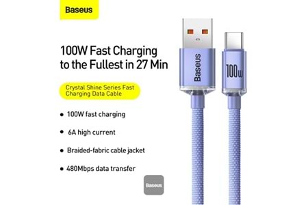 Baseus CAJY000405 1.2mt Crystal Cable USB-A to Type-C Fast Charge Data Cable 100W 5A1.2M-Purple
