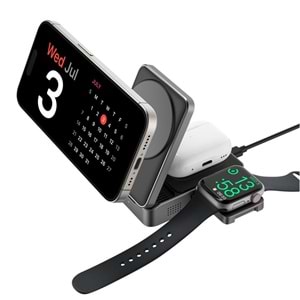 S-link SW-CWF116 Siyah Telefon Kulaklık Akıllı Saat 15W 3 in 1 Magsafe Qi2 Kablosuz Şarj Cihazı