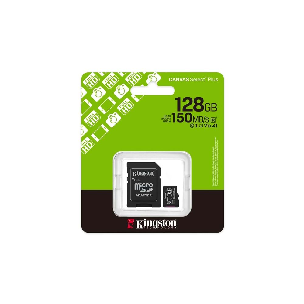 Kingston SDCS3-128GB 128GB microSDXC Canvas Select Plus Gen3 150MB-s A1 Card + Adapter Hafıza Kartı 