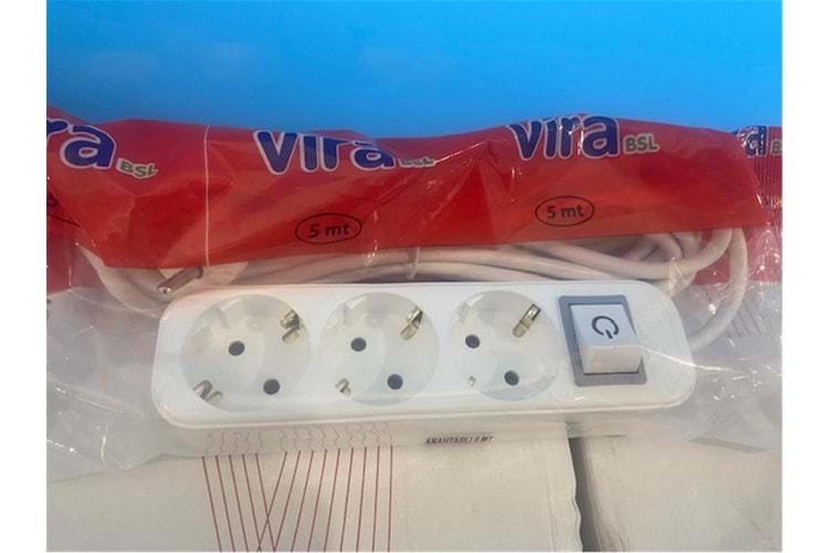 Vira 3lü 5mt Anahtarlı Topraklı Priz