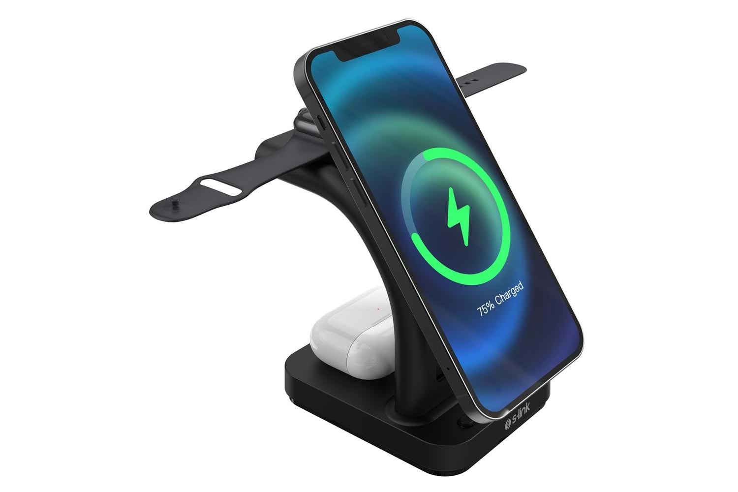 S-link SW-CWF130 Siyah Telefon Kulaklık Akıllı Saat 15W 3 in 1 Magsafe Led Logo Kablosuz Şarj Cihazı