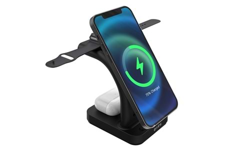 S-link SW-CWF130 Siyah Telefon Kulaklık Akıllı Saat 15W 3 in 1 Magsafe Led Logo Kablosuz Şarj Cihazı