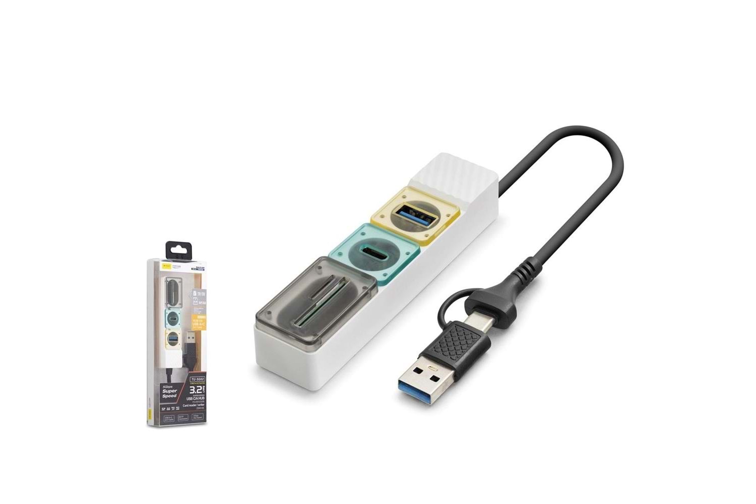 Hadron HDX7058 Hub 5Gbps 1x Type-C 3.2+1xUsb-A 3.2+SD+microSD 4 Port 2in1 Kablolu Kart Okuyu Beyaz